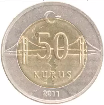 Монета 50 куруш Турции 2011 года Биметалл Кемаль Ататюрк