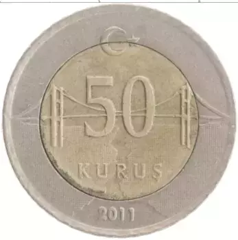 Монета 50 куруш Турции 2011 года Биметалл Ататюрк