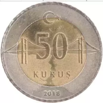 Монета 50 куруш Турции 2018 года Биметалл Кемаль Ататюрк