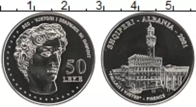 Монета 50 лек Албании 2001 года Медно-никель 500 лет Статуе Давида