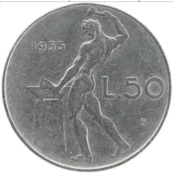 Монета 50 лир Италии 1955 года Медно-никель
