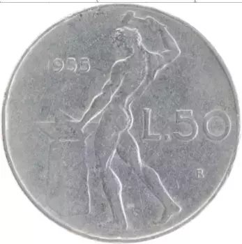 Монета 50 лир Италии 1955 года Медно-никель
