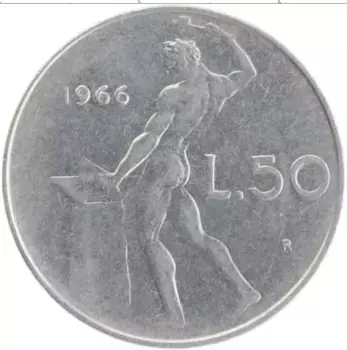 Монета 50 лир Италии 1966 года Медно-никель