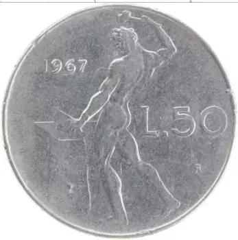 Монета 50 лир Италии 1967 года Медно-никель