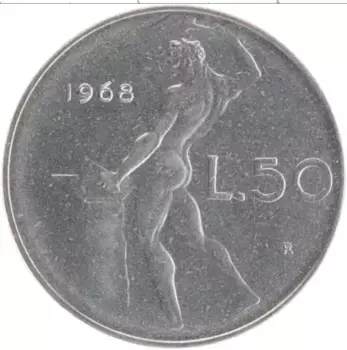 Монета 50 лир Италии 1968 года Медно-никель