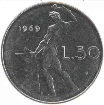 Монета 50 лир Италии 1969 года Медно-никель
