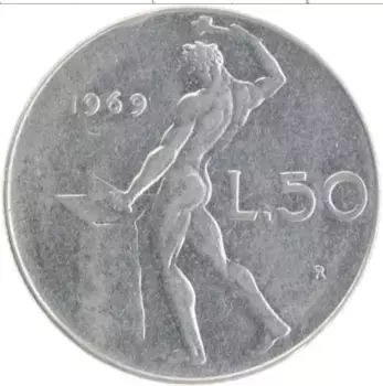 Монета 50 лир Италии 1969 года Медно-никель
