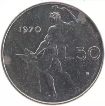 Монета 50 лир Италии 1970 года Медно-никель