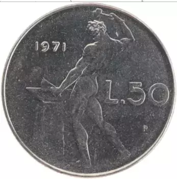 Монета 50 лир Италии 1971 года Медно-никель