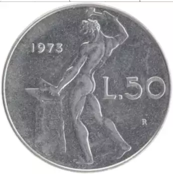 Монета 50 лир Италии 1973 года Медно-никель