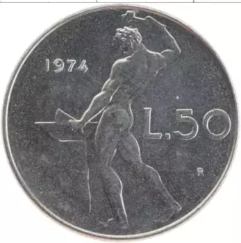 Монета 50 лир Италии 1974 года Медно-никель