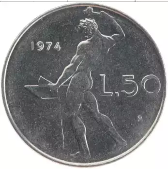 Монета 50 лир Италии 1974 года Медно-никель