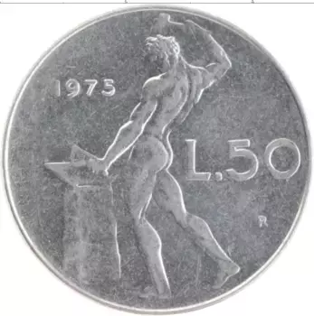 Монета 50 лир Италии 1975 года Медно-никель