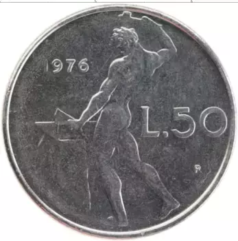 Монета 50 лир Италии 1976 года Медно-никель