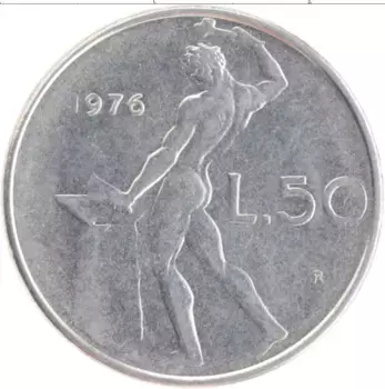 Монета 50 лир Италии 1976 года Медно-никель