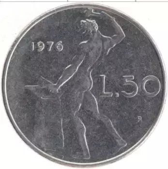 Монета 50 лир Италии 1976 года Медно-никель