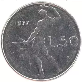 Монета 50 лир Италии 1977 года Медно-никель