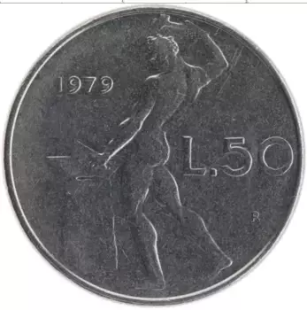 Монета 50 лир Италии 1979 года Медно-никель