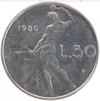 Монета 50 лир Италии 1980 года Медно-никель