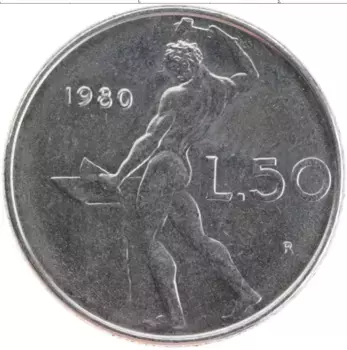 Монета 50 лир Италии 1980 года Медно-никель