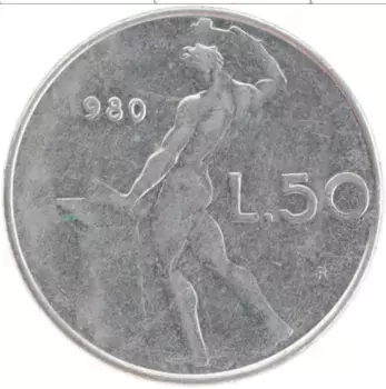 Монета 50 лир Италии 1980 года Медно-никель
