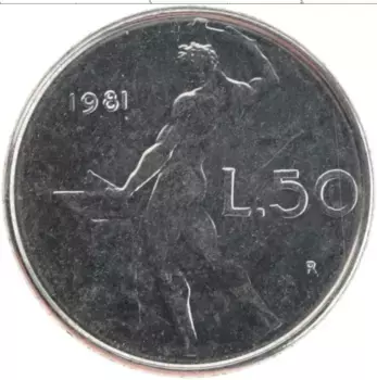 Монета 50 лир Италии 1981 года Медно-никель