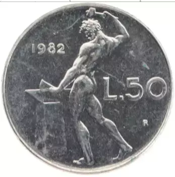 Монета 50 лир Италии 1982 года Медно-никель