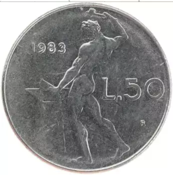 Монета 50 лир Италии 1983 года Медно-никель