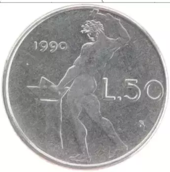 Монета 50 лир Италии 1990 года Медно-никель