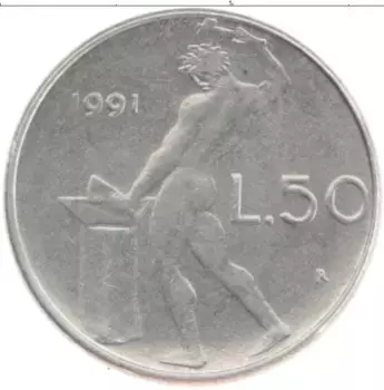 Монета 50 лир Италии 1991 года Медно-никель