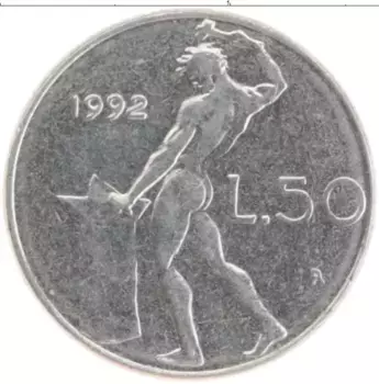 Монета 50 лир Италии 1992 года Медно-никель