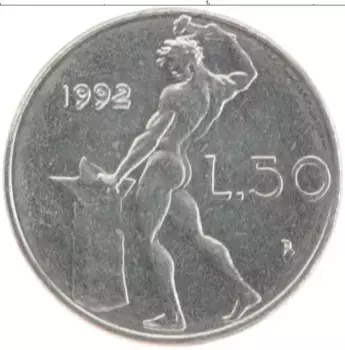 Монета 50 лир Италии 1992 года Медно-никель