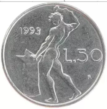 Монета 50 лир Италии 1993 года Медно-никель