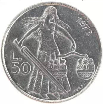 Монета 50 лир Сан-Марино 1973 года Медно-никель