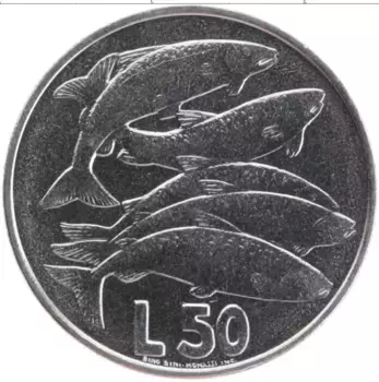 Монета 50 лир Сан-Марино 1975 года Сталь Рыбки