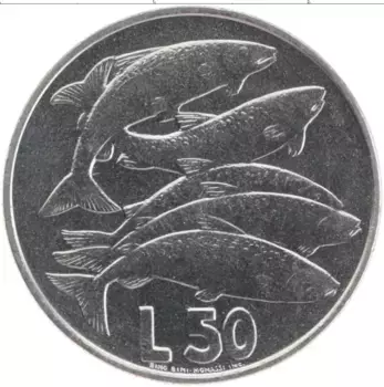 Монета 50 лир Сан-Марино 1975 года Сталь Рыбы