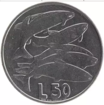 Монета 50 лир Сан-Марино 1975 года Сталь