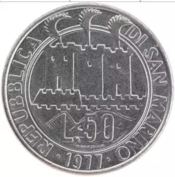 Монета 50 лир Сан-Марино 1977 года Медно-никель Экология