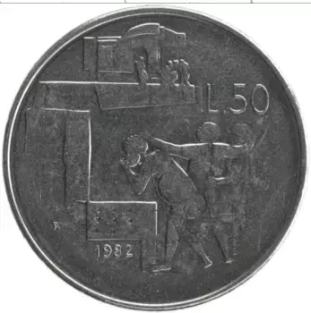 Монета 50 лир Сан-Марино 1982 года Медно-никель Социальные завоевания