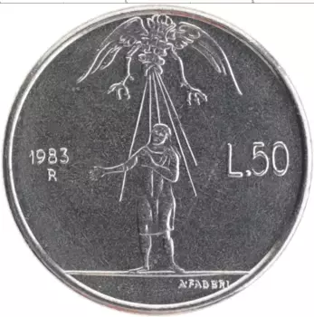 Монета 50 лир Сан-Марино 1983 года Медно-никель Угроза ядерной войны