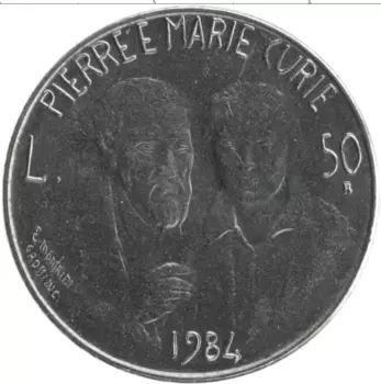 Монета 50 лир Сан-Марино 1984 года Медно-никель Пьер и Мария Кюри