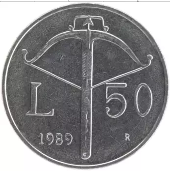 Монета 50 лир Сан-Марино 1989 года Железо
