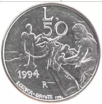 Монета 50 лир Сан-Марино 1994 года Медно-никель