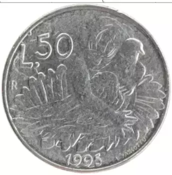 Монета 50 лир Сан-Марино 1995 года Медно-никель Ребенок обнимает голубя