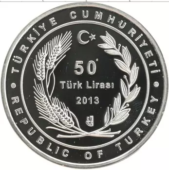 Монета 50 лир Турции 2013 года Серебро 90 лет Республике
