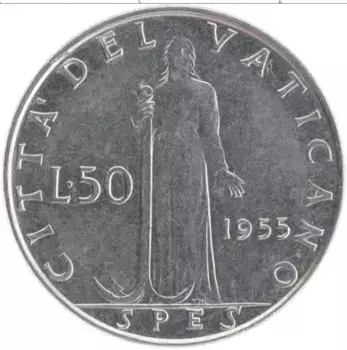 Монета 50 лир Ватикана 1955 года Медно-никель Пий XII