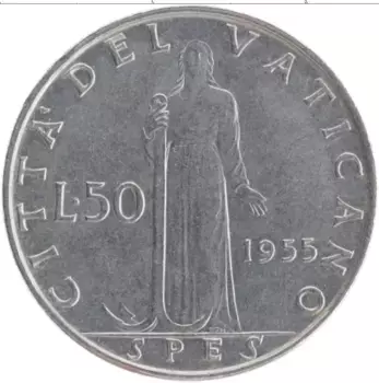 Монета 50 лир Ватикана 1955 года Медно-никель Пий XII