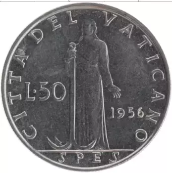 Монета 50 лир Ватикана 1956 года Медно-никель Пий XII