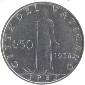 Монета 50 лир Ватикана 1956 года Медно-никель Пий XII