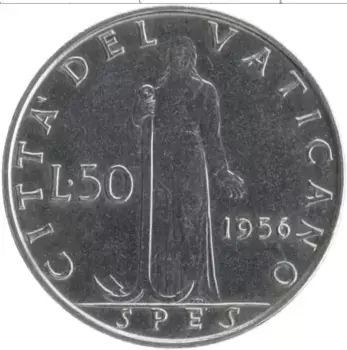 Монета 50 лир Ватикана 1956 года Медно-никель Пий XII